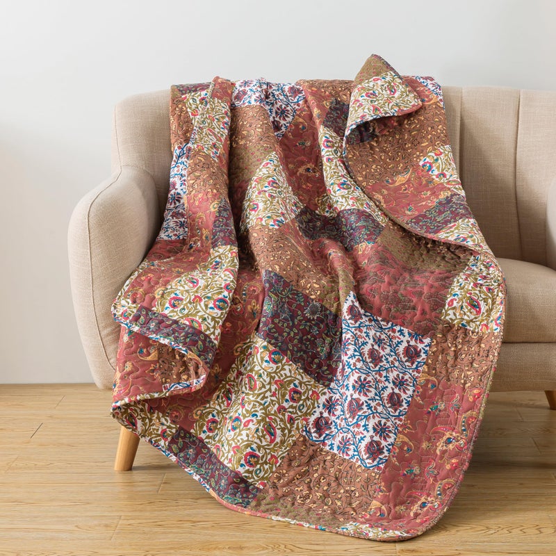 SLPR Red Riches 50" x 60" Fall Quilted Throw Blanket, Brown and Rust Floral Pattern Throw Quilt for Couch and Bed, Autumn Red Toned Patchwork Lap Quilt - Image 1